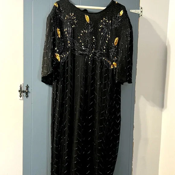 slim fit dress slacks 1920s flapper dress made of art deco chiffon and lace in black, yellow and  white main image 0